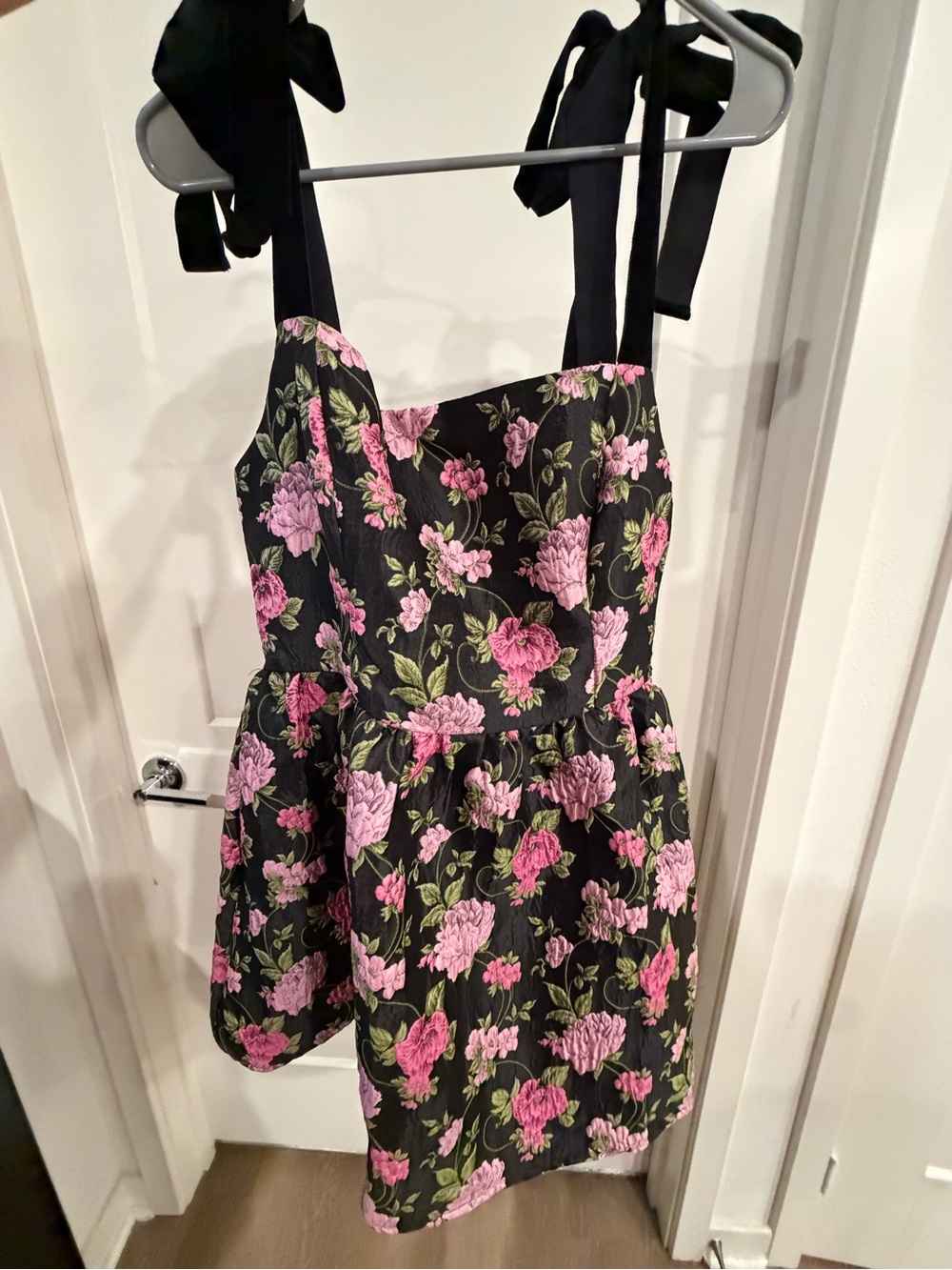 Lulu's Black Floral Tie-Shoulder Skater Dress with Pink and Green Blooms